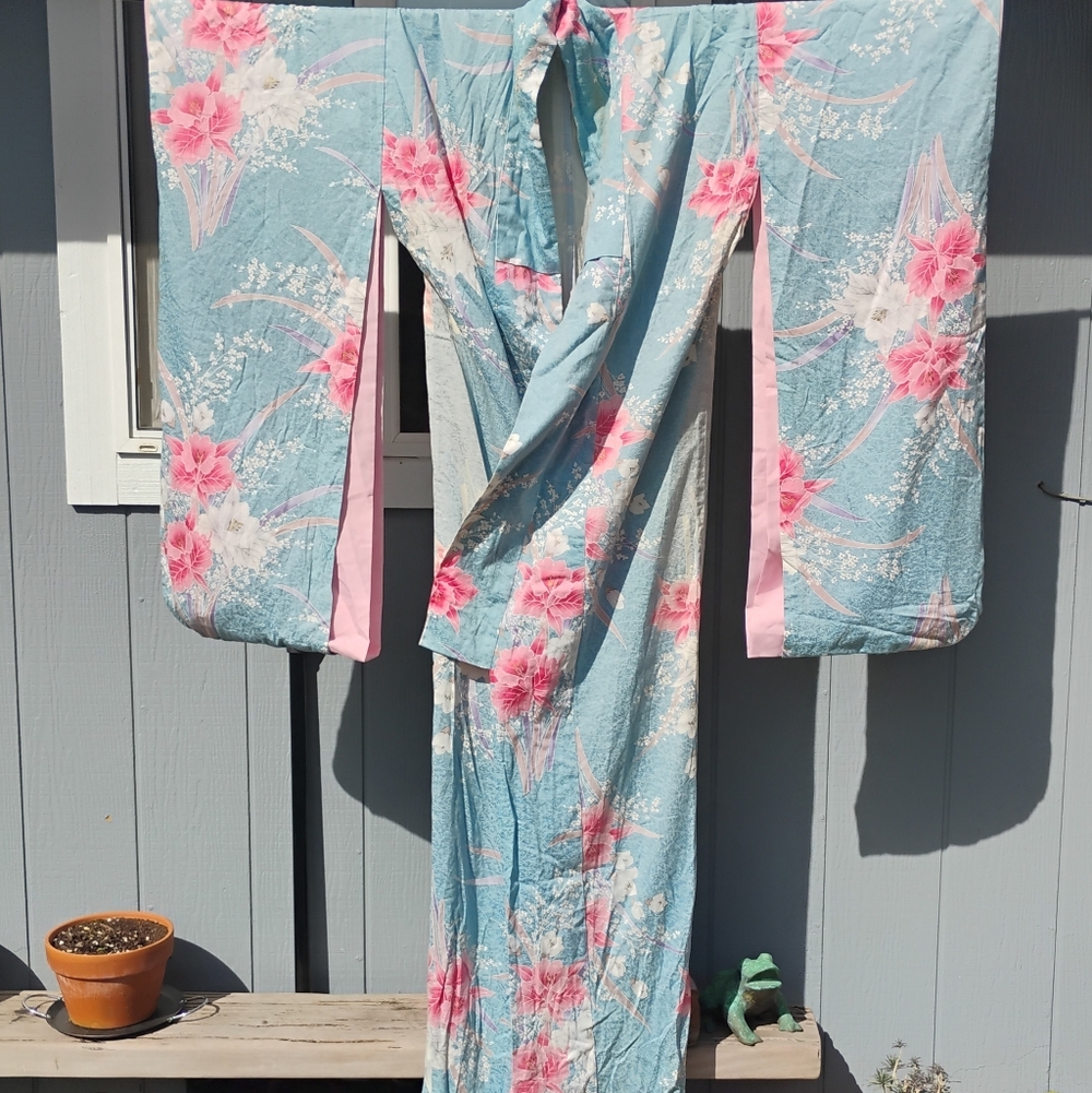 Light Blue Floral Kimono with Pink Accents